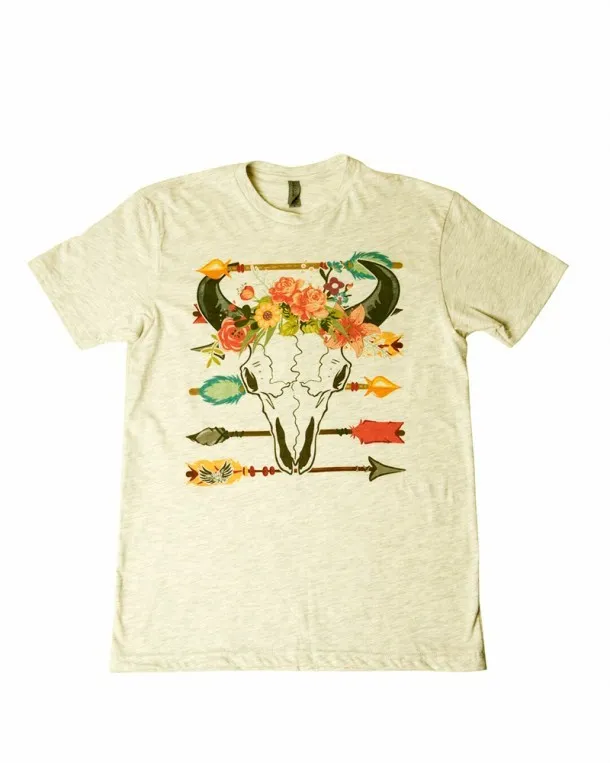 Camiseta manga corta mujer cowboy calavera de vaca con flechas